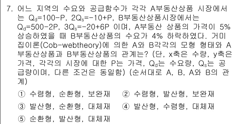 공인중개사_1차 2018년 7번 - 주어진 문제에서 A부동산 상품의 공급량은 가격 P에 따라 변화합니다. Q... 에 관한 핵심 기출문제