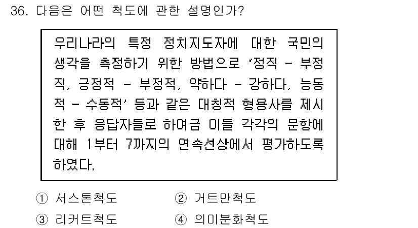 사회조사분석사_2급 2019년 36번 - 이 문제는 사회조사분석의 방법론을 통해 우리나라의 정치적 특성을 평가하는... 에 관한 핵심 기출문제