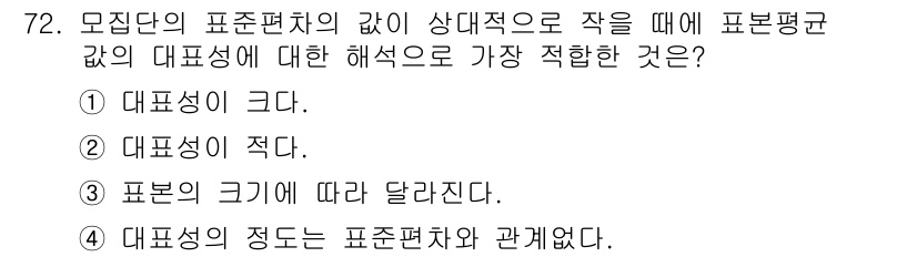 사회조사분석사_2급 2019년 72번 - . 

모집단의 표준편차가 클수록 표본평균의 변동성이 커지므로, 대표성이... 에 관한 핵심 기출문제