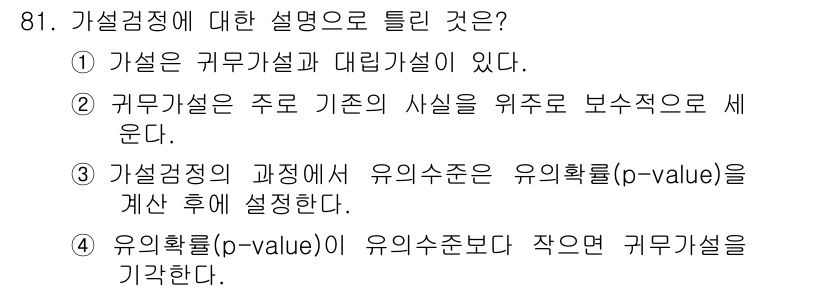 사회조사분석사_2급 2019년 81번 - 가설검정에서 유의확률(p-value)은 관찰된 데이터가 귀무가설 하에 발... 에 관한 핵심 기출문제
