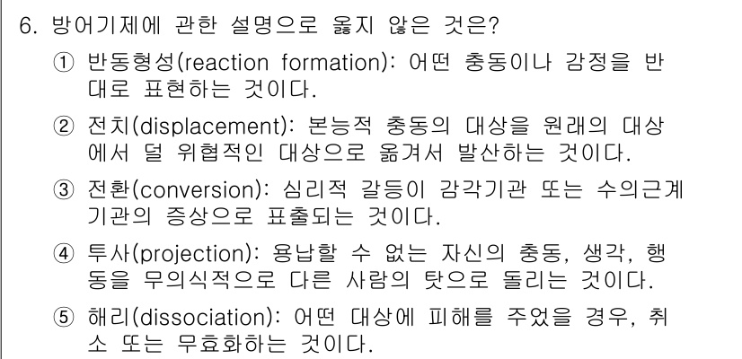 사회복지사_1급(1교시)(구) 2019년 6번 - 6번 문항에서 방어기제에 대한 설명 중 옳지 않은 것은 4번 '투자'입니... 에 관한 핵심 기출문제