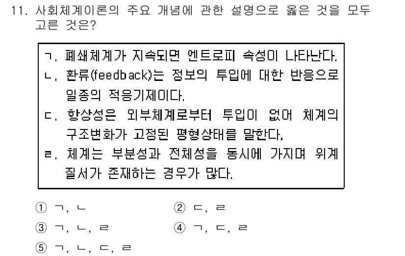 사회복지사_1급(1교시) 2019년 11번 - 정답 3번의 설명은 사회체계이론에서 시스템의 구조와 기능이 상호작용한다고... 에 관한 핵심 기출문제