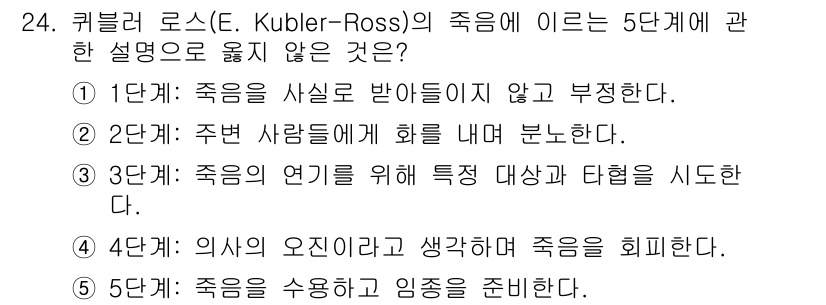 사회복지사_1급(1교시) 2019년 24번 - 쿠블러 로스의 죽음에 관한 5단계 이론에서 '4단계: 의사의 오진이라고 ... 에 관한 핵심 기출문제