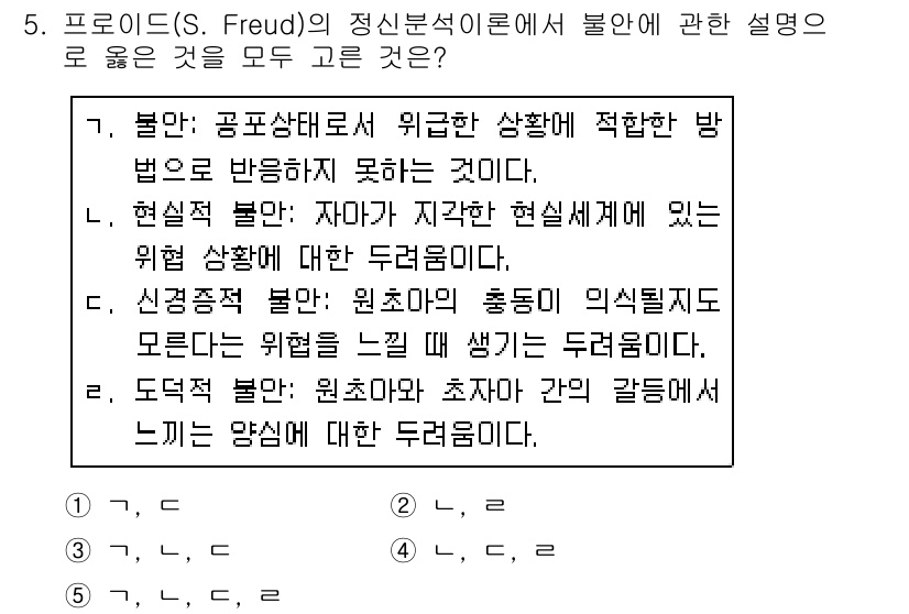 사회복지사_1급(1교시) 2019년 5번 - . 도덕적 불안은 원초아와 자아 간의 갈등에서 발생하며, 이는 사회적 규... 에 관한 핵심 기출문제