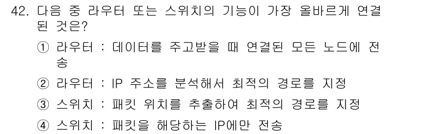 전자상거래운용사 2019년 42번 - 라우터는 IP 주소를 분석해 최적의 경로를 결정하여 데이터 패킷을 전송합... 에 관한 핵심 기출문제