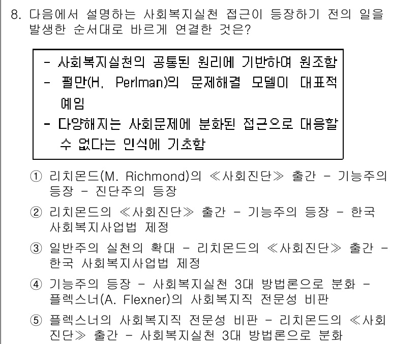 사회복지사_1급(2교시)(구) 2019년 8번 - 사회복지 실천의 원리는 개인의 문제를 사회적 맥락에서 이해하고 해결하는 ... 에 관한 핵심 기출문제