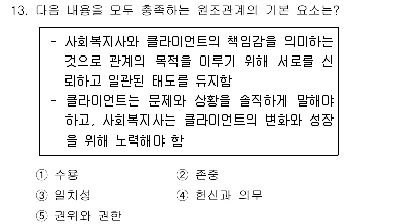 사회복지사_1급(2교시) 2019년 13번 - 클라이언트와 사회복지사의 관계는 상호작용과 신뢰를 바탕으로 발전하며, 이... 에 관한 핵심 기출문제