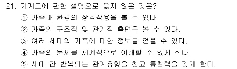 사회복지사_1급(2교시) 2019년 21번 - 가계도에 대한 설명으로 옳지 않은 것은 4번입니다. 가계도는 가족 구조와... 에 관한 핵심 기출문제