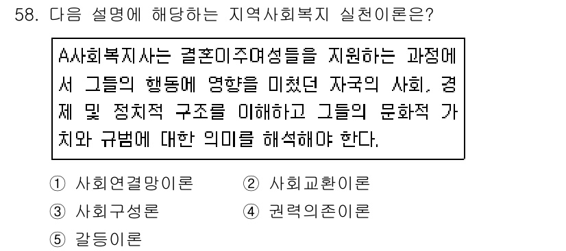 사회복지사_1급(2교시) 2019년 58번 - 정답 3번은 A사회복지사가 결혼이주여성을 지원하는 과정에서 그들의 행동에... 에 관한 핵심 기출문제
