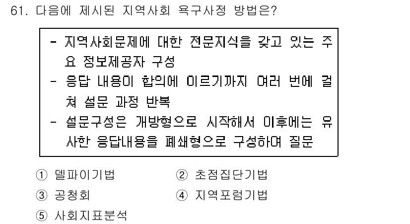 사회복지사_1급(2교시) 2019년 61번 - . 

지역사회 욕구조사 방법으로는 대상자와의 직접적인 접촉을 통한 정보... 에 관한 핵심 기출문제
