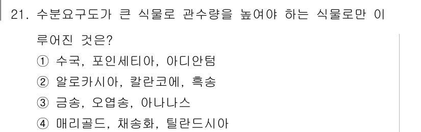 화훼장식기사 2016년 21번 - . 수국, 포인세티아, 아디안텀은 모두 수분 요구도가 높은 식물로 잘 알... 에 관한 핵심 기출문제