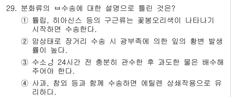 화훼장식기사 2016년 29번 - . 분화류의 수송에 대한 설명으로, 수송 시 광부족에 의해 식물의 호흡이... 에 관한 핵심 기출문제