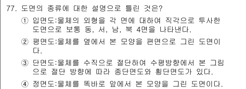 화훼장식기사 2016년 77번 - 도면의 종류에 대한 설명 중 "입면도"는 특정 도면에서 묘사된 외형을 직... 에 관한 핵심 기출문제