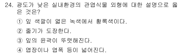 화훼장식기사 2017년 24번 - . 

식물의 녹색은 광합성을 통해 에너지를 생성하는 데 필수적이며, 밝... 에 관한 핵심 기출문제