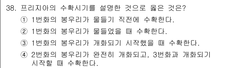 화훼장식기사 2017년 38번 - 프리지아의 수확 시기는 꽃대가 구부러지는 시점, 즉 개화가 시작할 때 이... 에 관한 핵심 기출문제