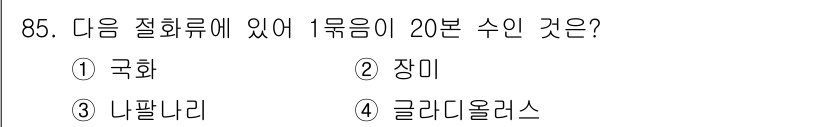 화훼장식기사 2017년 85번 - 정답은 1번 국화입니다. 국화는 20분 수로 잘 알려져 있으며, 특히 가... 에 관한 핵심 기출문제