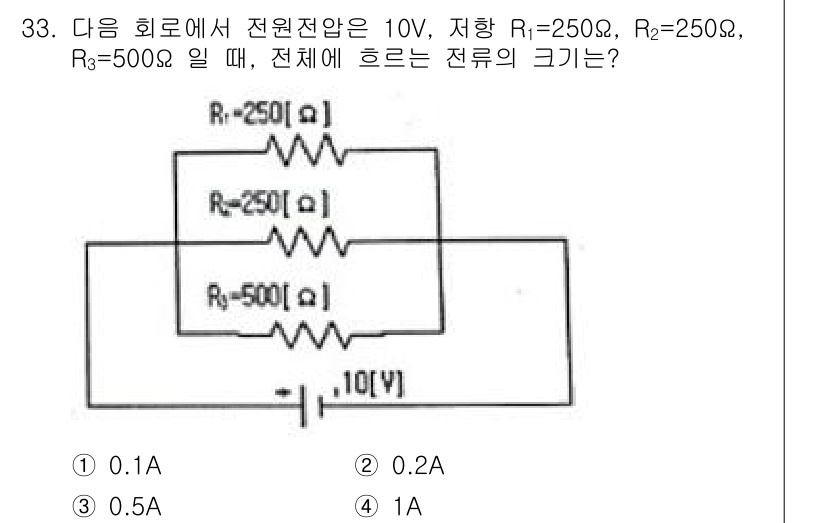 의공산업기사 2015년 33번 - 저항 R1과 R2는 병렬 연결되어 있습니다. 병렬 저항의 합은 \( \f... 에 관한 핵심 기출문제