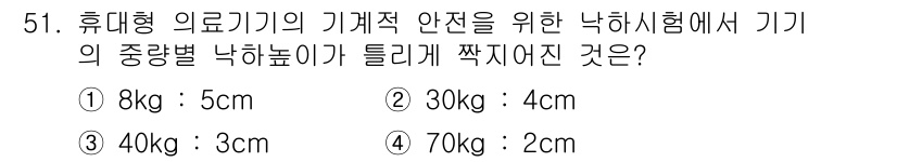 의공산업기사 2015년 51번 - 낙하시험에서 안전성을 평가하기 위해서는 무게와 떨어지는 높이가 중요합니다... 에 관한 핵심 기출문제