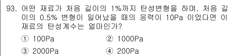 의공산업기사 2015년 93번 - 재료의 탄성계수는 응력과 변형률의 비율로 정의된다. 주어진 응력 10Pa... 에 관한 핵심 기출문제