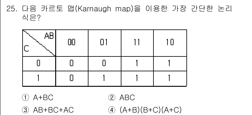 의공산업기사 2016년 25번 - 주어진 카르노 맵을 분석하면, 1의 위치는 A와 B가 모두 1일 때와 C... 에 관한 핵심 기출문제