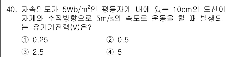 의공산업기사 2016년 40번 - 유기기전력(V)은 자속 밀도(B), 도선의 길이(L), 선속도(v)를 곱... 에 관한 핵심 기출문제