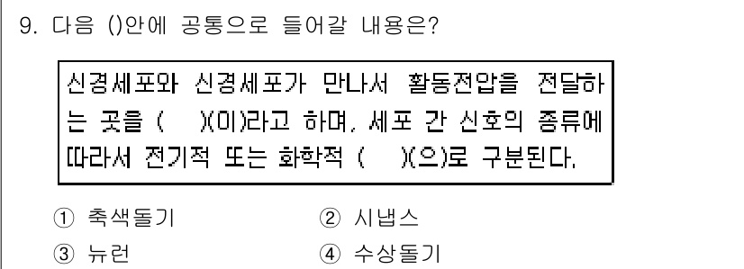 의공산업기사 2016년 9번 - 신경세포와 신경세포가 만나는 곳은 시냅스이며, 여기서 정보 전달은 전기적... 에 관한 핵심 기출문제