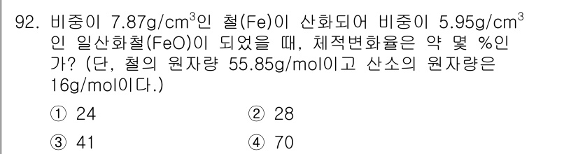 의공산업기사 2016년 92번 - 정답 4. 

문제에서 주어진 밀도와 질량을 이용해 금속의 몰수와 화합물... 에 관한 핵심 기출문제