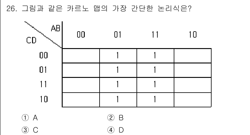 의공산업기사 2017년 26번 - 해당 카르노 맵에서 1이 포함된 셀들을 분석하면, AB와 CD의 조합에 ... 에 관한 핵심 기출문제