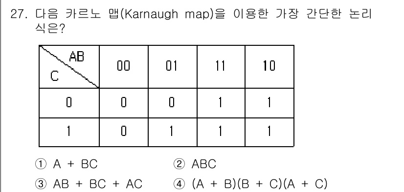 의공산업기사 2019년 27번 - 주어진 카르노 맵에서 1이 위치한 곳을 확인하면, AB가 1인 경우와 C... 에 관한 핵심 기출문제