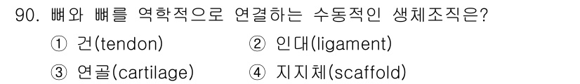 의공산업기사 2019년 90번 - 정답은 2번 인대(ligament)입니다. 인대는 뼈와 뼈를 연결하여 관... 에 관한 핵심 기출문제