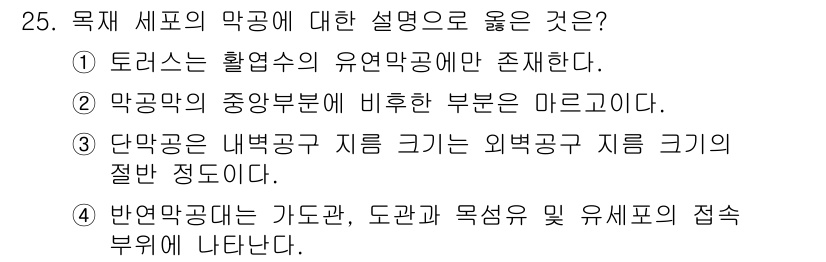 임산가공기능사 2015년 25번 - 반면막공은 가도관, 도관과 목쉐프의 접촉부위에서 나타나며, 이는 수목의 ... 에 관한 핵심 기출문제