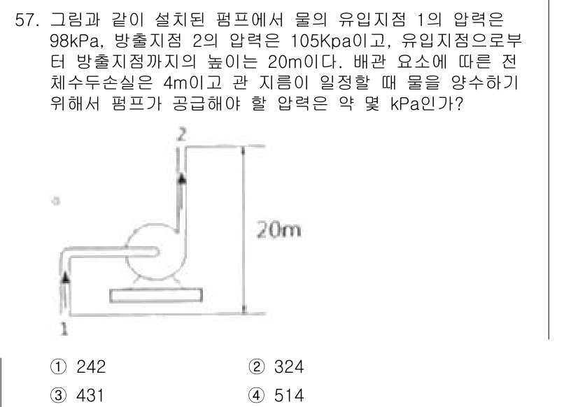일반기계기사 2019년 57번 - 주어진 문제에서 요구하는 압력은 배관 손실을 고려해야 합니다. 유체의 흐... 에 관한 핵심 기출문제