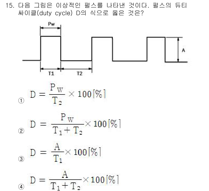 무선설비기사 2019년 15번 - 주어진 그래프에서 듀티 사이클 D는 신호가 "고" 상태인 시간(T1)을 ... 에 관한 핵심 기출문제