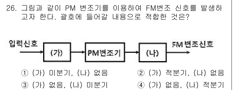 무선설비기사 2019년 26번 - PM 변조기는 입력 신호의 진폭 변화를 활용하여 FM 변조 신호를 생성합... 에 관한 핵심 기출문제