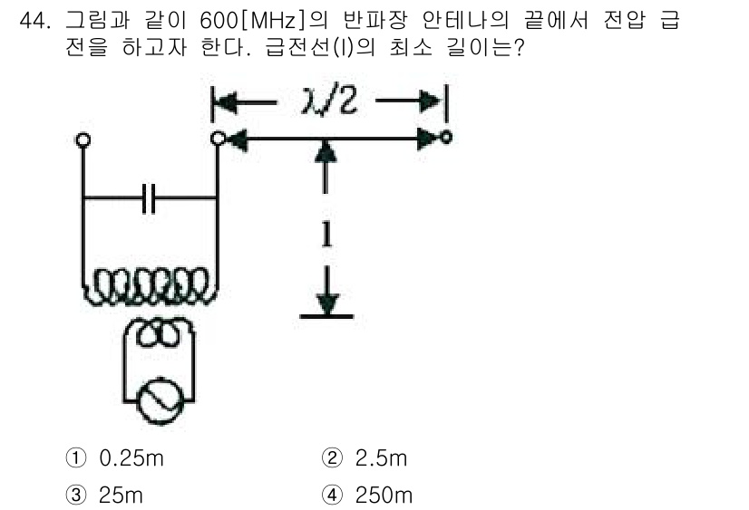 무선설비기사 2019년 44번 - 전파의 파장은 주파수에 반비례하므로, 주파수 600MHz의 파장을 계산해... 에 관한 핵심 기출문제