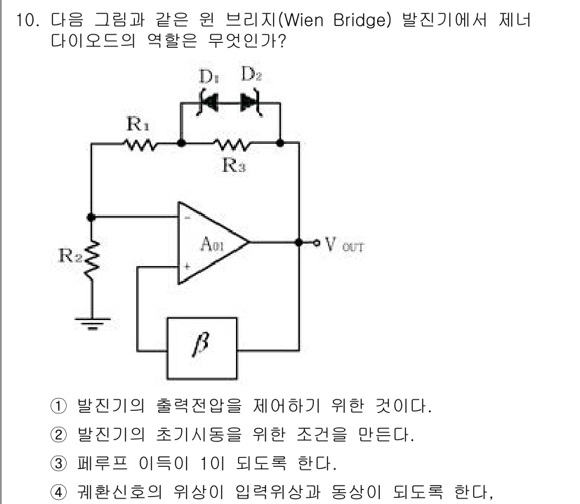 무선설비산업기사 2019년 10번 - 주어진 회로는 윈브리지 브리지 회로의 형태로, 제너 다이오드를 사용하여 ... 에 관한 핵심 기출문제