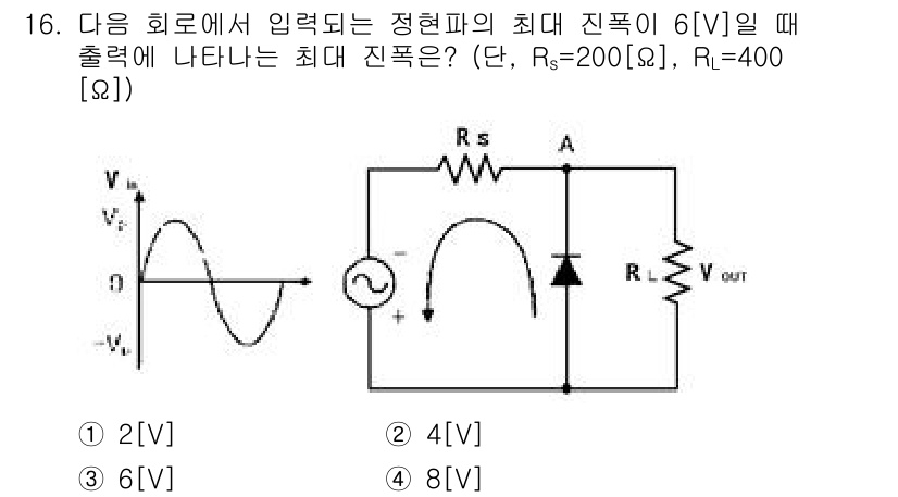 무선설비산업기사 2019년 16번 - 주어진 회로에서 출력 전압 \( V_{OUT} \)은 전압 분배 법칙을 ... 에 관한 핵심 기출문제