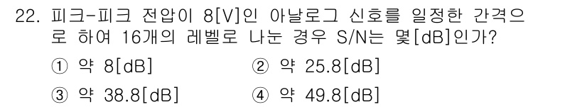 무선설비산업기사 2019년 22번 - 피크-피크 전압이 8[V]일 때, 이를 16개 레벨로 나누면 S/N 비율... 에 관한 핵심 기출문제