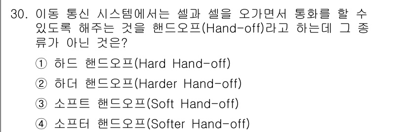 무선설비산업기사 2019년 30번 - 정답은 2번, 더 핸드오프(Harder Hand-off)입니다. 핸드오프... 에 관한 핵심 기출문제