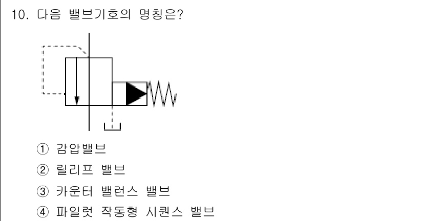 설비보전산업기사 2019년 10번 - 정답은 4번: 파일렛 작동형 시퀀스 밸브입니다. 이 밸브는 압력이나 유량... 에 관한 핵심 기출문제