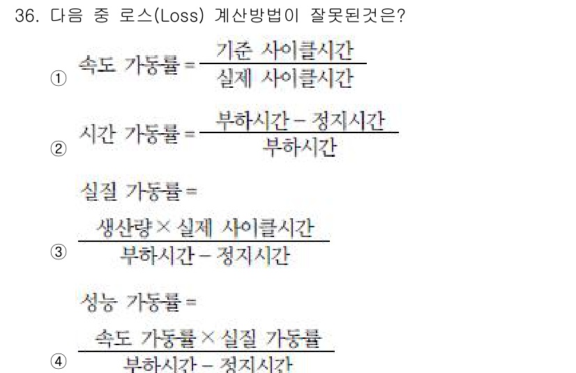 설비보전산업기사 2019년 36번 - 설명 가능성이 높은 주요 가동률(또는 실질 가동률)과 부하 시간을 정지 ... 에 관한 핵심 기출문제