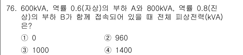 전기공사산업기사 2019년 76번 - 부하 A와 부하 B의 전체 피상전력은 두 개의 부하가 병렬로 연결되어 있... 에 관한 핵심 기출문제