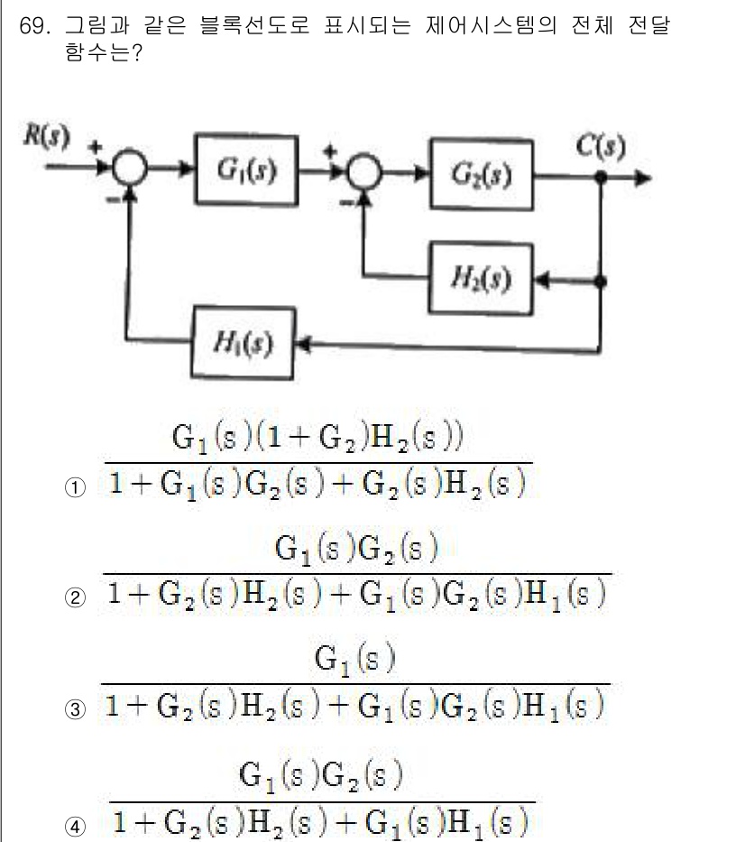 승강기기사 2019년 70번 - 주어진 시스템의 전달 함수는 전달 함수의 조합을 통해 결정됩니다. 각 경... 에 관한 핵심 기출문제