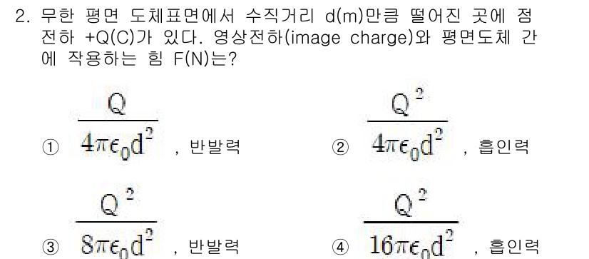 전자기사 2019년 2번 - 주어진 문제는 전기장과 관련된 것으로, 무한 평면 도체에서의 양전하에 대... 에 관한 핵심 기출문제