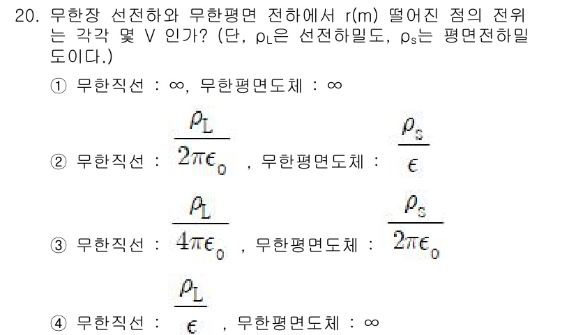 전자기사 2019년 20번 - 무한장 선전하와 무한면 전하의 전위는 전하 분포의 대칭성에 의해 특정한 ... 에 관한 핵심 기출문제