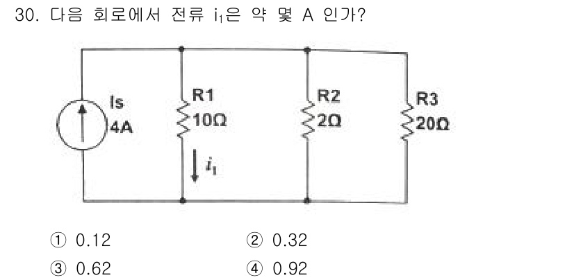전자기사 2019년 30번 - 주어진 회로에서 전류 \( i_1 \)의 크기를 구하기 위해서는 전압분배... 에 관한 핵심 기출문제