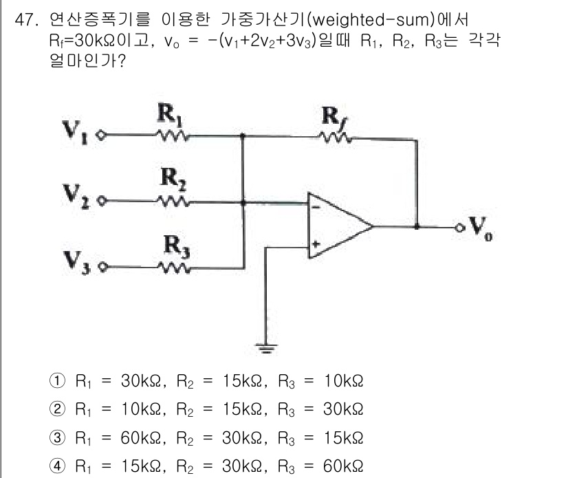 전자기사 2019년 47번 - 주어진 회로에서 각 저항 R1, R2, R3는 전압 분배에 따라 V0에 ... 에 관한 핵심 기출문제