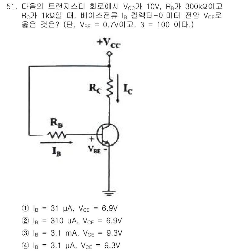 전자기사 2019년 51번 - BJT의 베이스-이미터 전압 V_BE가 0.7V일 때, V_CE가 6.9... 에 관한 핵심 기출문제