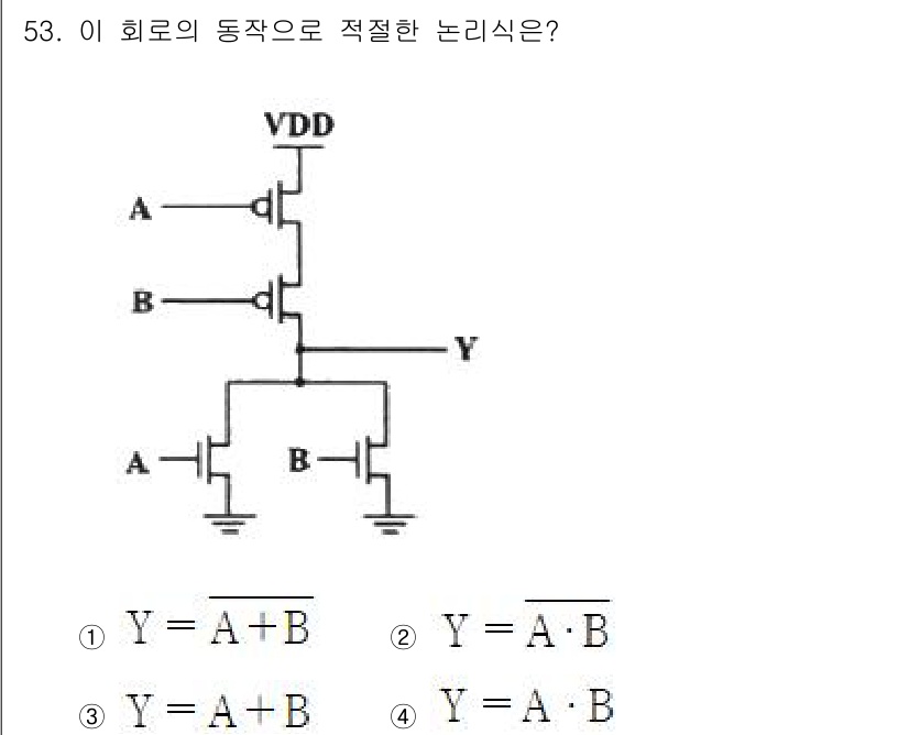 전자기사 2019년 53번 - 이 회로는 두 개의 입력 A와 B가 있는 NAND 게이트로 구성되어 있습... 에 관한 핵심 기출문제