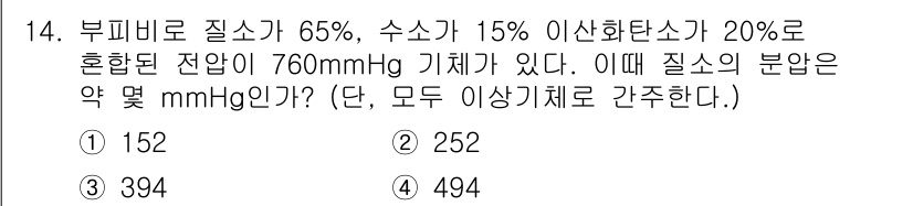 소방설비산업기사(기계) 2019년 14번 - 부피비로 질소와 수소의 혼합비를 고려할 때, 각 기체의 질량 비율을 구해... 에 관한 핵심 기출문제